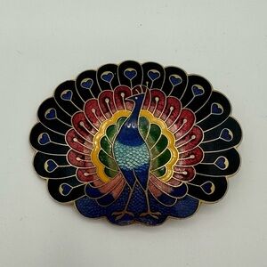 Cloisonné Enamel Rainbow Peacock Belt Buckle Great Vintage Condition! Gold Tone